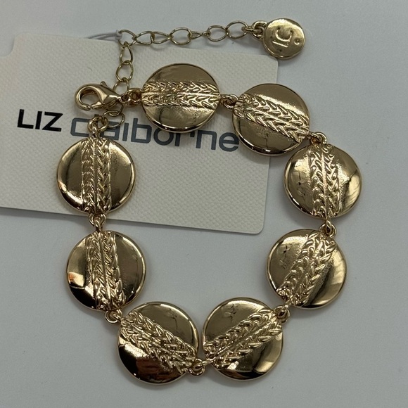 Liz Claiborne Gold Tone Disc Design linked Bracelet 7-9 inch - Picture 8 of 10